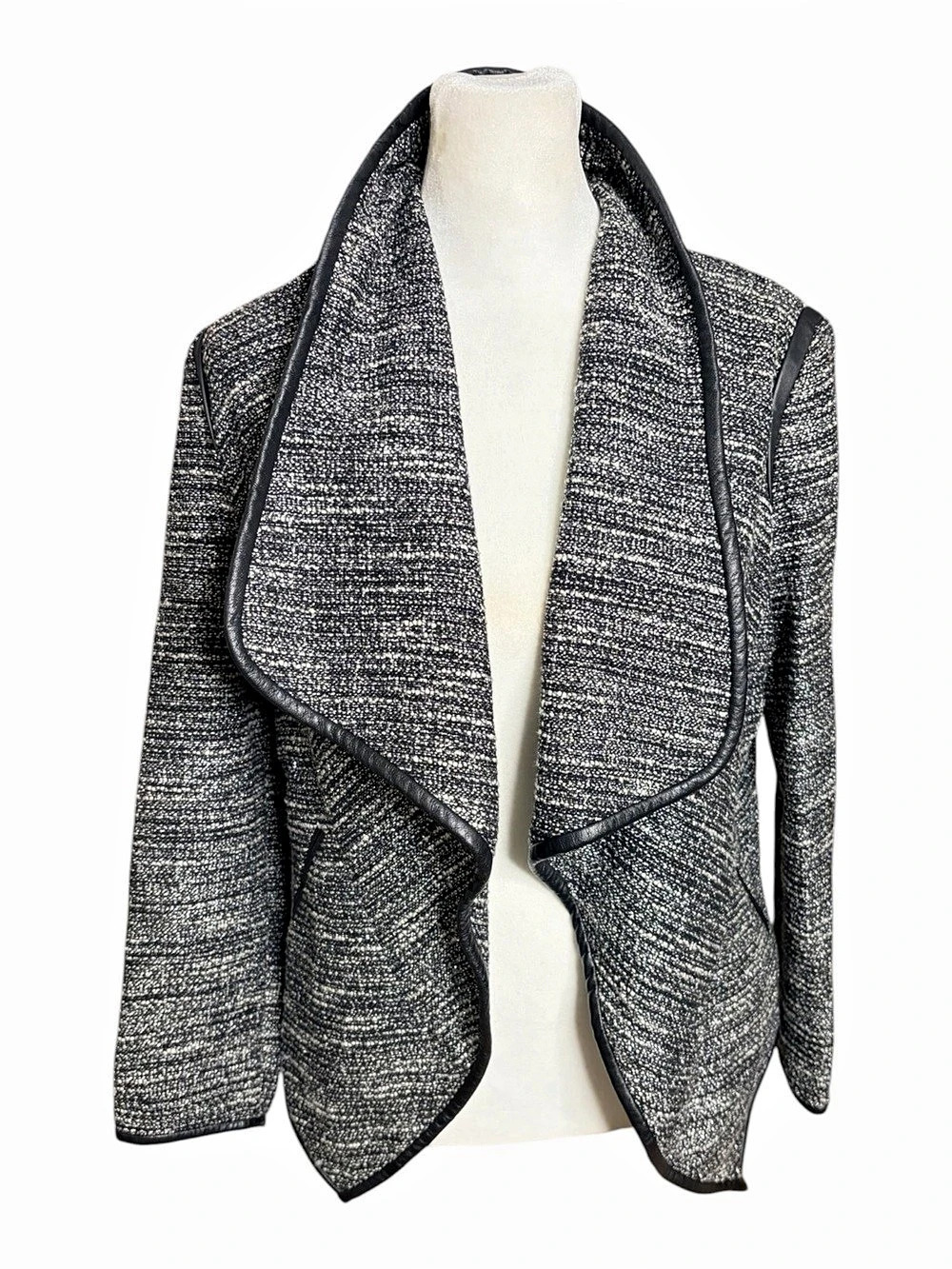 Yigal Azrouël Bouclé Leather-Trim Jacket in Black & White Like New